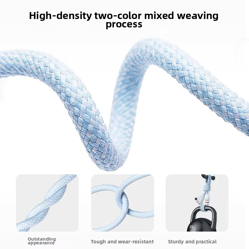 Tragbares 3-in-1 Multifunktions-Autoladekabel in Blau mit Schnellladefunktion und geflochtenem Design, Länge: 1,2 m, kompatibel mit Apple, Android und Typ-C - Bild 5