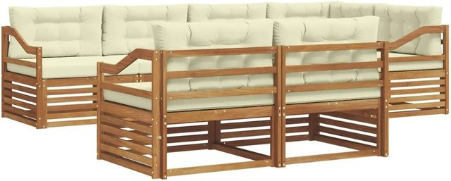 vidaXL Outdoor-Sofagarnitur 7-teilig aus Akazienholz in Natur und Creme mit Kissen und L-Form - Bild 1