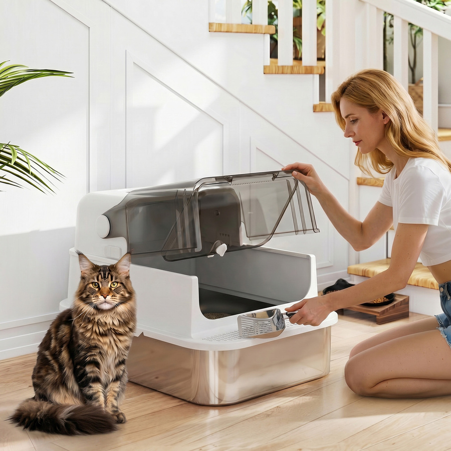 PawHut Katzenklo aus Edelstahl mit Deckel und Doppeltüren in Silber und Weiß, XXL 52L Katzentoilette für große Katzen und Mehrkatzen mit Pedal und Schaufel - Bild 2