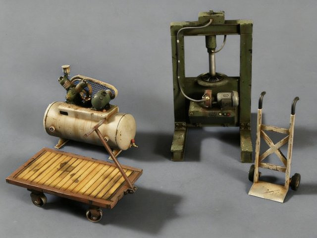 JIJIE Werkstatt-Hydraulikpresse, Kompressor und 2 Wagen, Szenenmodell, Maßstab 1:35, unmontiert, unbemalt - Bild 1