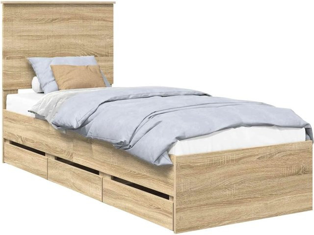 vidaXL Bettrahmen Sonoma-Eiche in Braun aus Holzwerkstoff mit Schubladen im minimalistischen Design B/T/H: 80-90 x 190/200 cm - Bild 1