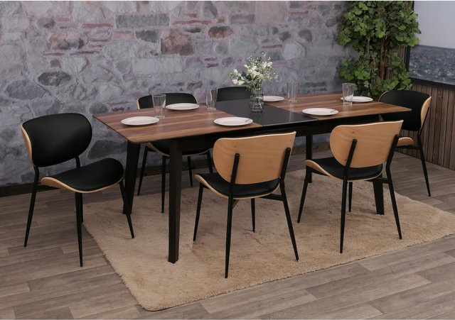 6er-Set Esszimmerstühle MCW-O45 aus Bugholz mit Kunstleder in Natur und Schwarz - Bild 1