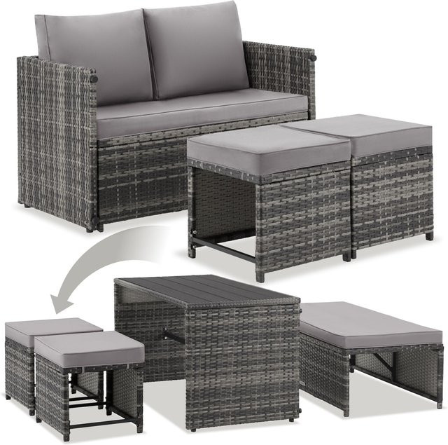 tectake 2-in-1 Rattanlounge-Set Monopoli in Grau mit Sofa, Tisch und zwei Fußhockern aus Polyrattan und wetterfesten Polyesterbezügen, Tisch B/T/H: 110 x 60 x 61,5 cm - Bild 1