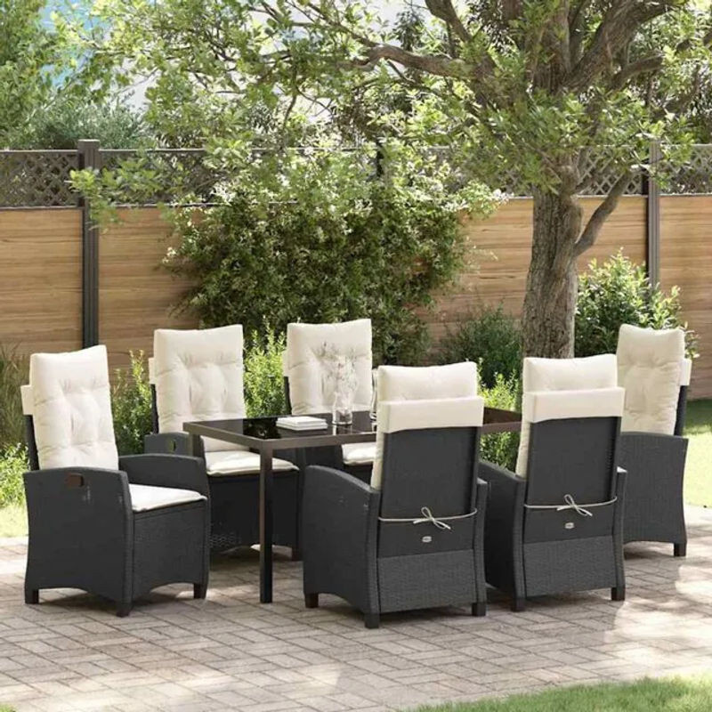 vidaXL Gartenmöbel-Set aus Polyrattan in Schwarz, 7-teilige Essgruppe mit Glas und Polstern im modernen Design - Bild 1