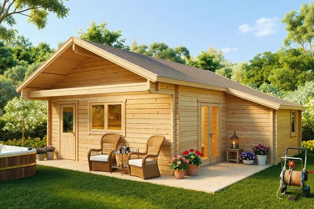 Blockhaus Dallas aus Holz mit Schlafboden und zwei Schlafzimmern, Grundfläche: 42 m², Maße: 7 x 7 m - Bild 1