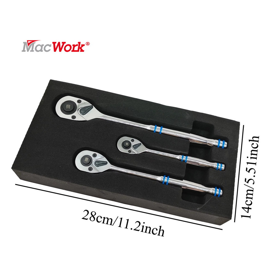 MacWork 3-teiliges Standard-Ratschenset mit 1/4 Zoll, 3/8 Zoll und 1/2 Zoll Antrieb, 100-Zahn-Ratsche mit rutschfestem Griff und EVA-Aufbewahrungstablett in Blau und Silber - Bild 2