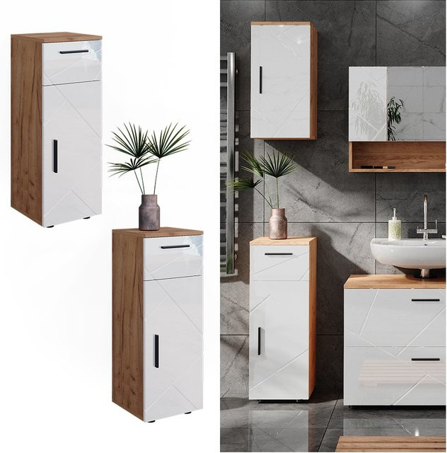 Vicco Midischrank Irma Badezimmermöbel in Eiche und Weiß Hochglanz, Breite: 30 cm, Höhe: 81 cm - Bild 1