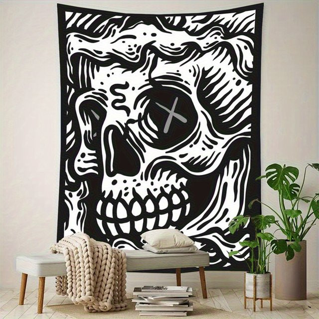 VIKAMA Wandteppich mit Totenkopfmotiv in Schwarz-Weiß - Bild 1