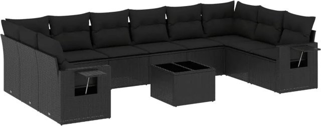 vidaXL 11-tlg. Garten-Sofagarnitur aus Poly-Rattan mit Kissen in Schwarz - Bild 1