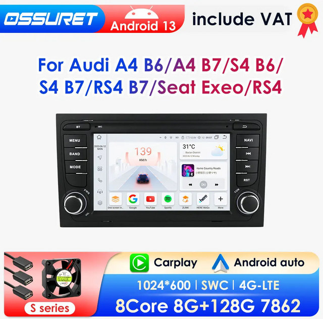 OSSURET Multimedia Autoradio mit Android Auto und CarPlay sowie GPS für Audi A4 B6 2012-2015, S4 B7, RS4 und Seat Exeo, Schwarz - Bild 1