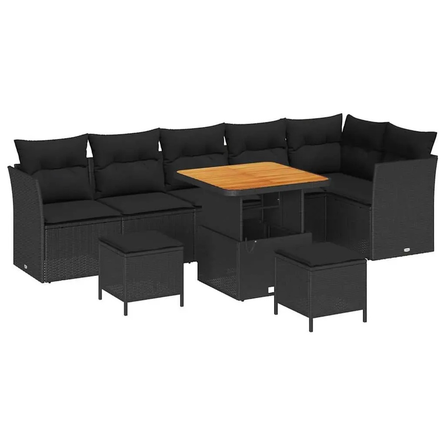 vidaXL Garten-Sofa-Set 9-teilig in Schwarz mit Polsterkissen und Couchtisch aus Poly-Rattan und Akazienholz - Bild 2