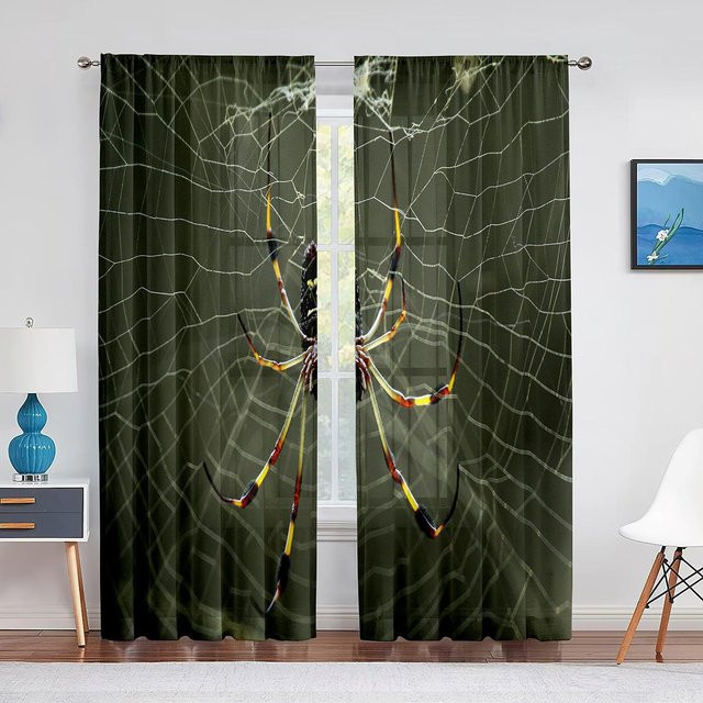 Super Six Transparente Voile-Gardine mit Spinnenmotiv in Schwarz, Chiffon-Tüllgardine mit Ösen, Breite: 100 cm, Höhe: 250 cm - Bild 1