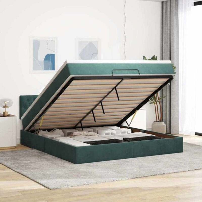 Vidaxl Ottoman Polsterbett mit Matratze und LED in Dunkelgrün aus Samt, B/T: 180 x 200 cm - Bild 1