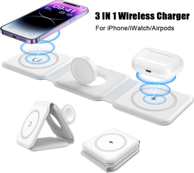 KEPHE 3-in-1 Faltbares Magnetisches Kabelloses Ladegerät in Weiß, Kompatibel mit iPhone 12-15 Serie und AirPods 2/3/Pro - Bild 1