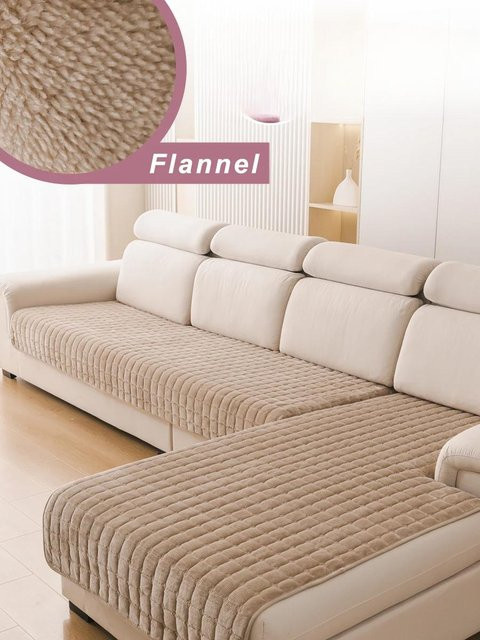 Universeller L-förmiger Ecksofabezug aus Flanell in Beige, rutschfest und waschbar, B/T: 90 x 90 cm - Bild 1