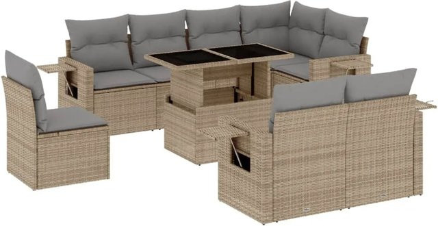 vidaXL 9-tlg Garten-Sofagarnitur aus Poly Rattan mit Kissen in Beige - Bild 1