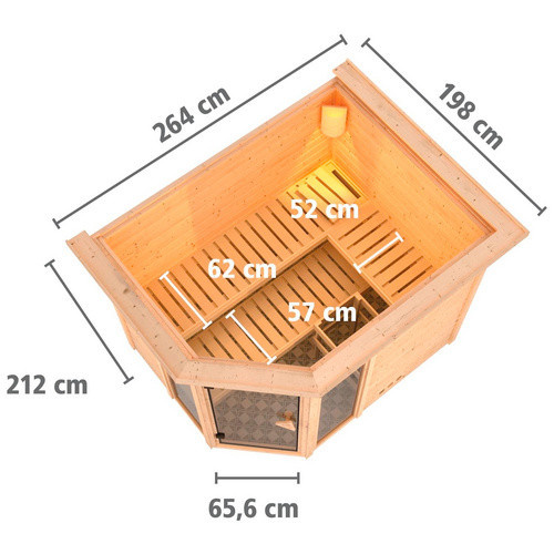 Karibu Sauna Kohila 3 aus Fichte mit 9 kW Saunaofen und integrierter Steuerung für 4 Personen, beige, B/T/H: 264 x 198 x 212 cm - Bild 2
