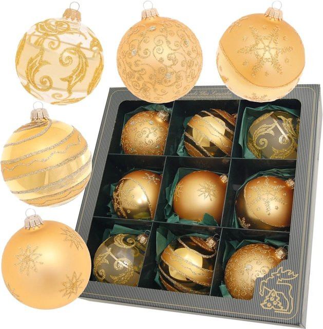 Krebs Glas Lauscha Weihnachtskugeln aus Glas in Gold, 9 Stück, Durchmesser: 8 cm - Bild 1