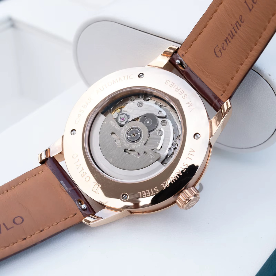 OBLVLO Armbanduhr Automatik, Edelstahl, Roségold, Diamant, Blau, Herren - Bild 2