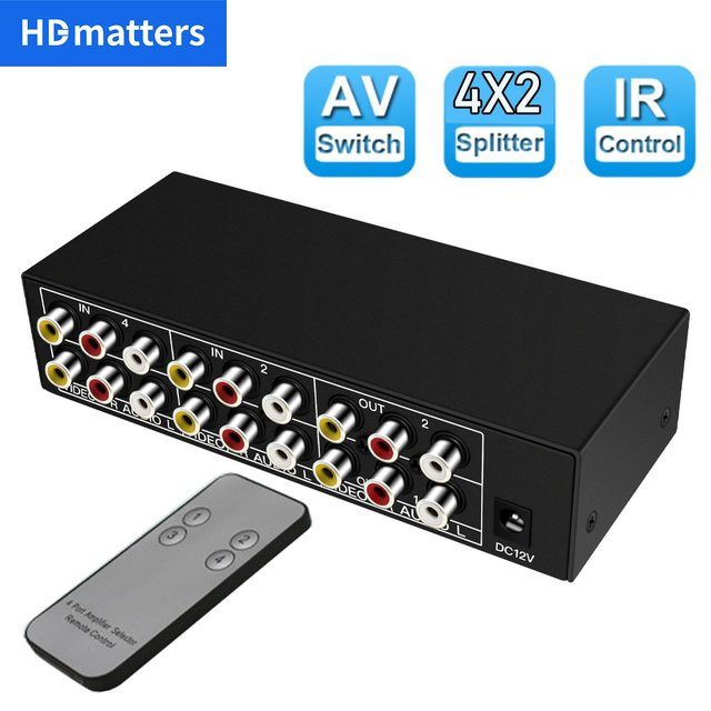 HDmatters Composite AV RCA Switch Splitter 4 in 2 Out Analog Video C-VBS Splitter mit Fernbedienung, Schwarz - Bild 1