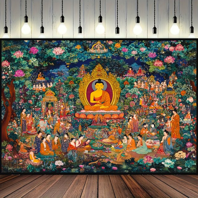 VIKAMA Pure Land Wandteppich im tibetischen Thangka-Stil, bunter Buddha-Wandbehang mit floralem Design für dein Wohnzimmer oder Yoga-Studio - Bild 1