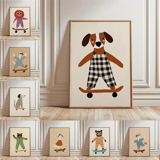 Potdemiel Leinwandposter mit lustigen Cartoon-Tieren auf Skateboards, Wandkunst für Kinderzimmer in Mehrfarbig - Bild 1
