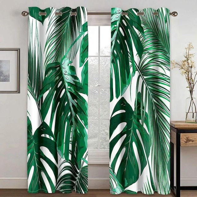 Yiran Furniture Luxus Vorhänge mit tropischem Blättermuster, 2er-Set, Farbe: Lichtgrau und Grün, B: 50 cm, H: 160 cm - Bild 1