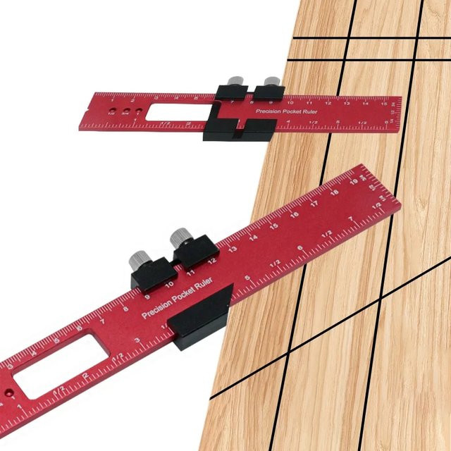 FNICEL Präzisions-Taschenlineal T-Typ für die Holzbearbeitung in Rot mit Zoll- und metrischen Indikatoren - Bild 1