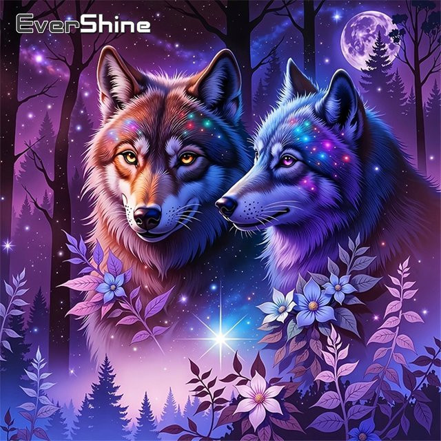 Evershine Diamant-Mosaik-Wolf-Bild mit Mond-Motiv als Strass-Stickerei in Multicolour, quadratisches Tier-Gemälde zur Heimdekoration, B/H: 20 x 20 cm - Bild 1