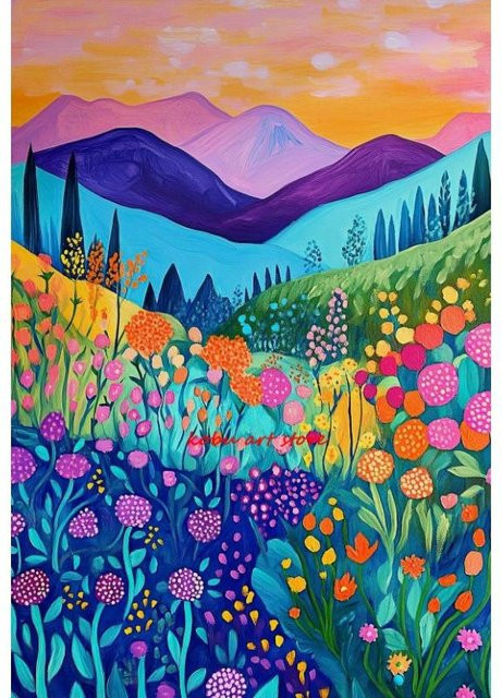Dopudu Art Museum Abstrakte Landschaft mit Bergen und Blumen Leinwandmalerei, Bunt, Breite: 40 cm, Höhe: 60 cm - Bild 1