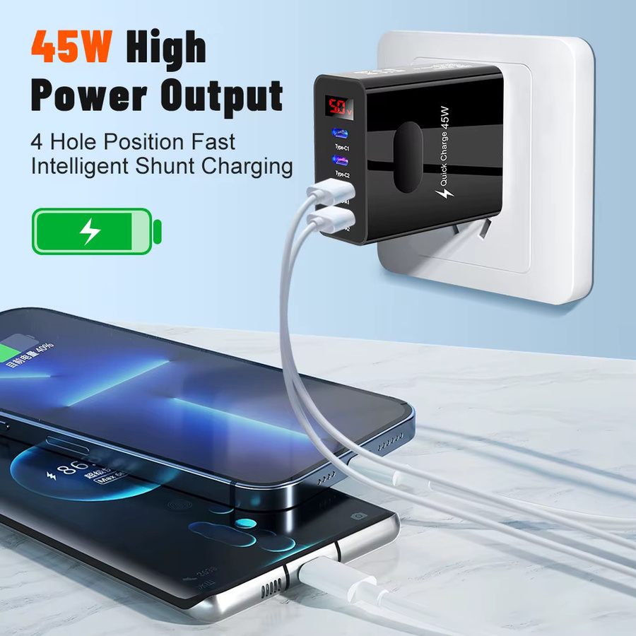 GUSEYEE 4-Port USB Typ C Ladegerät mit Digital Display, Quick Charge 3.0 und PD für Xiaomi, iPhone und Samsung, Schwarz - Bild 2