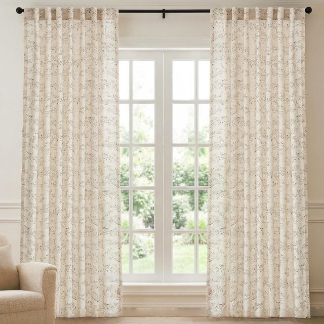 CENTURyMiG Französischer Leinenvorhang mit Blumenmuster in Beige, halbtransparent und UV-beständig, Breite: 119 cm, Höhe: 200 cm - Bild 1