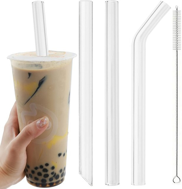 Zoseil Set mit 3 wiederverwendbaren Trinkhalmen aus Borosilikatglas in Transparent, Durchmesser: 14 mm, Länge: 200 mm, inklusive Reinigungsbürste für Smoothies und Bubble Tea - Bild 1