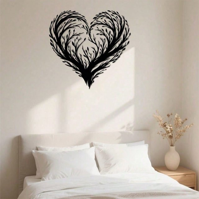 CIFBUY Herzförmige Metall-Wandkunst in Schwarz mit floralem Blattdesign - Bild 1