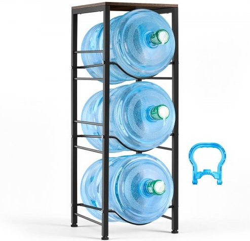 VEVOR Wasserkrughalter aus Metall mit 4 Stufen für 3 Wasserflaschen, Wasserspenderregal mit Ablagefach in Schwarz und Braun - Bild 1