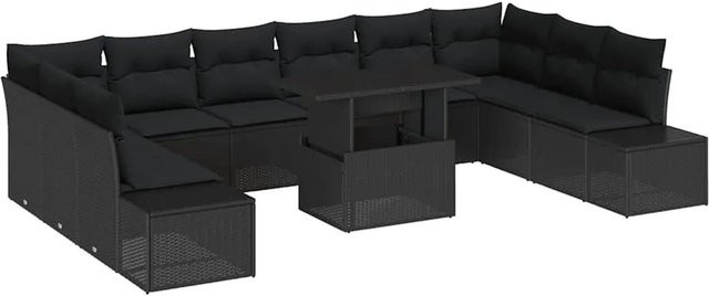 vidaXL Garten-Sofa-Set in U-Form mit 11-teiligem Polster-Set und integriertem Kissen-Speicher, Schwarz - Bild 1