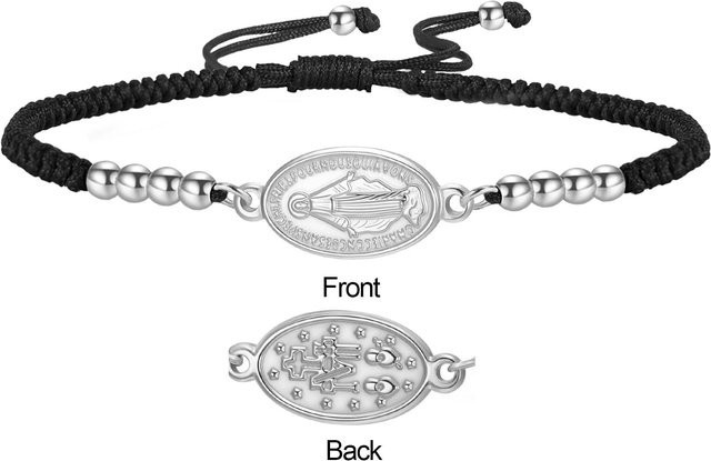 Armband Edelstahl, Jungfrau Maria Anhänger, Schwarz, Rot, Geflochten, 17-22 cm, Damen - Bild 1