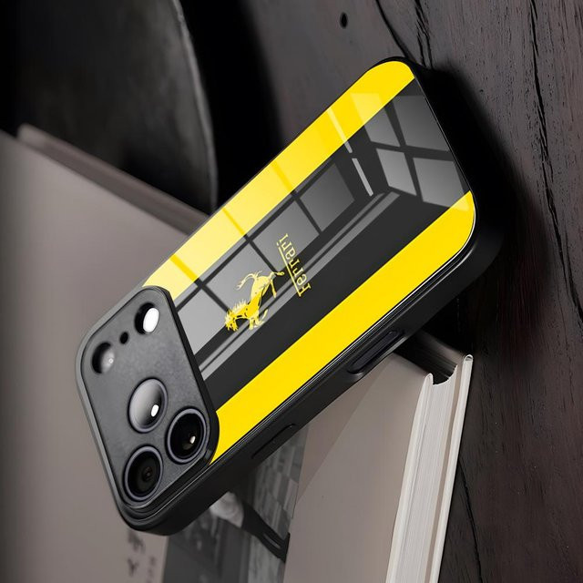 Rastar Ferrari Sportwagen Handyhülle aus Glas für iPhone und Samsung Galaxy in Schwarz und Gelb - Bild 1
