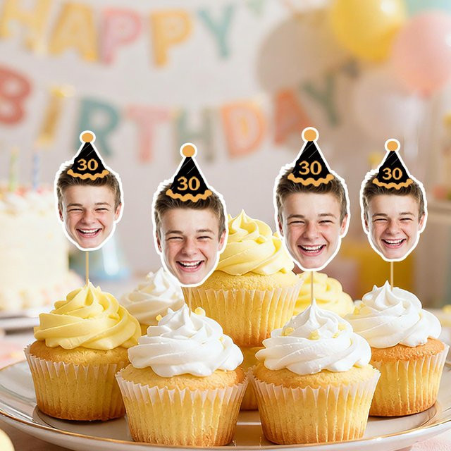 Personalisierter WEIGAO Foto-Geburtstagshut-Kuchenaufsatz aus Papier, bunter Cake Topper mit Gesicht oder Alter für deine Dessertdekoration - Bild 1