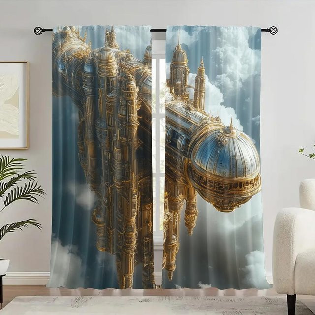 Tonnika Chen Vorhänge Gold Steampunk Stoff, 2er-Set, Breite: 100 cm, Höhe: 70 cm - Bild 1