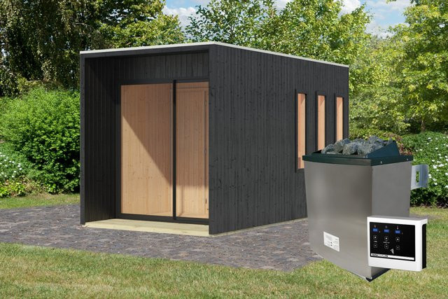 Saunahaus MIRAMAR in Schwarz mit 9.0 kW Ofen und Steuergerät, B/T/H: 220 x 429 x 220 cm - Bild 1