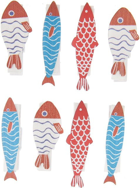 Rico Design Dekoklammern Fisch Mix rot-blau aus Holz, 8 Stück, B/H: 7 x 3,5 cm - Bild 1