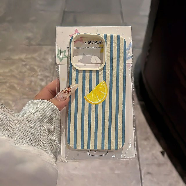Handyhülle mit blau gestreiftem Zitronenscheiben-Muster und Lychee-Textur aus TPU für Apple iPhone 11 bis iPhone 17 Pro Max und Plus in Blau und Beige - Bild 1