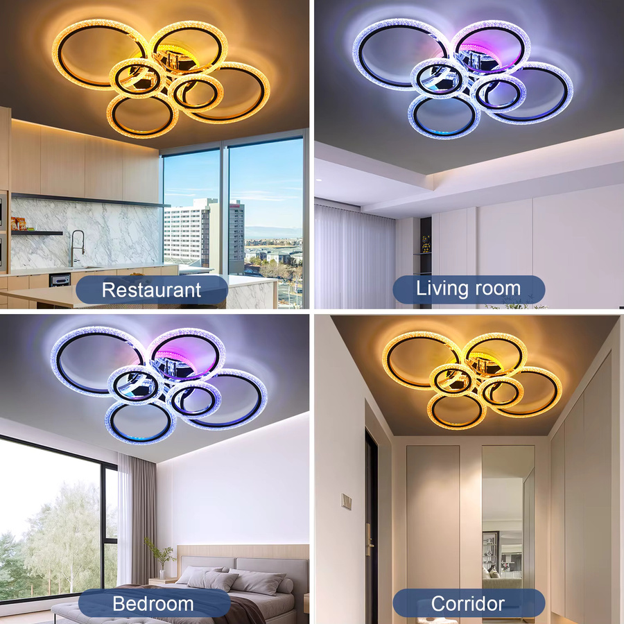 Oyajia LED-Deckenleuchte mit 6 Acryl-Ringen, RGB-Hintergrundbeleuchtung, dimmbar mit Fernbedienung, 60W, modern Flush-Mount Design - Bild 4