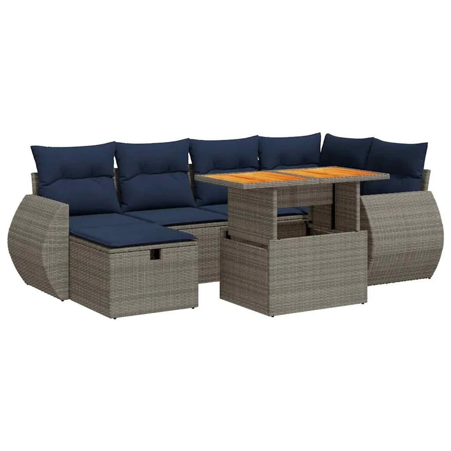 vidaXL 7-teilige Garten-Sofagarnitur aus Poly-Rattan und Akazienholz in Braun mit Kissen - Bild 2