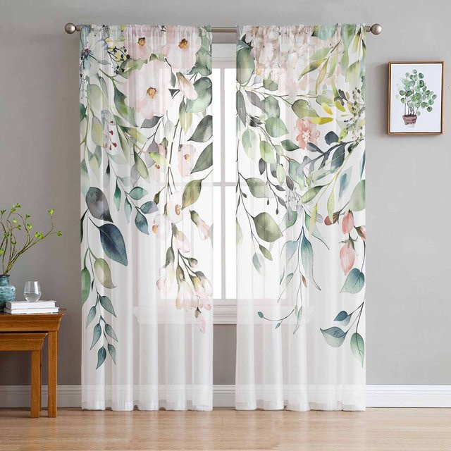 Transparente Organza-Vorhänge mit Aquarell-Blumenmuster in Weiß, Breite: 135 cm, Höhe: 115 cm - Bild 1