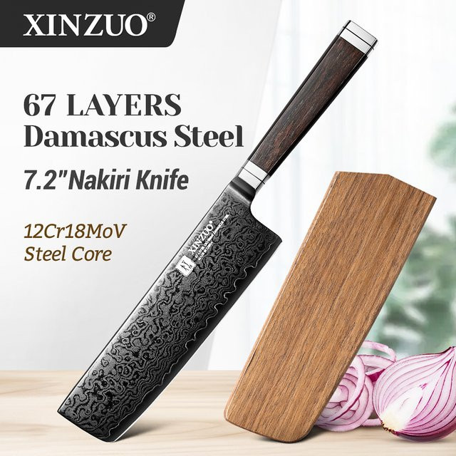 XINZUO Nakiri-Messer aus Damaszener Stahl mit 12Cr18MoV Stahlkern und Ebenholz-Edelstahl-Griff in Schwarz, 18,29 cm - Bild 1