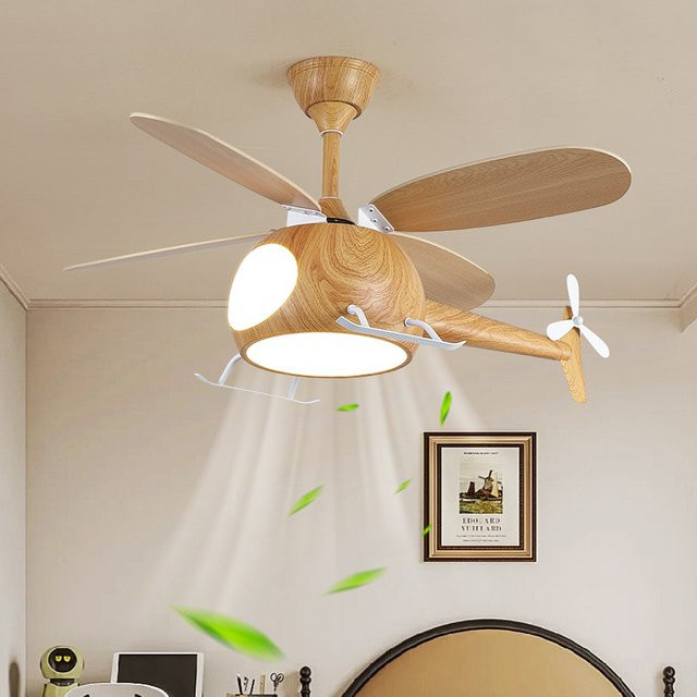 HomeLover Kinder Deckenventilator mit LED-Beleuchtung in Hubschrauber-Design aus Holz, Braun/Weiß - Bild 1