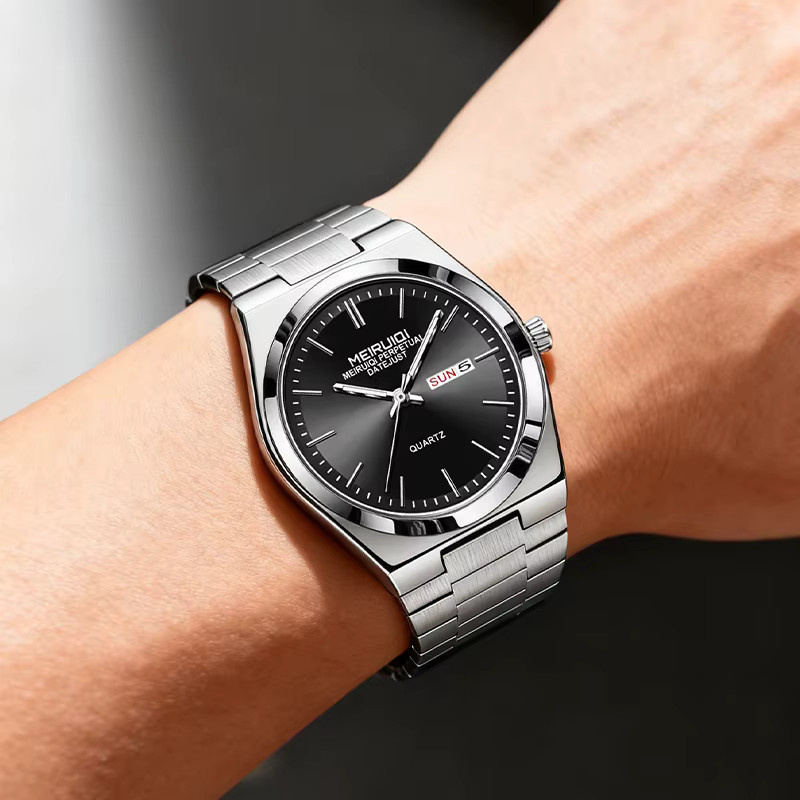 MEIRUIQI Armbanduhr Edelstahl, Quarz, Silber-Schwarz, Herren, Datum, Wochentag - Bild 4