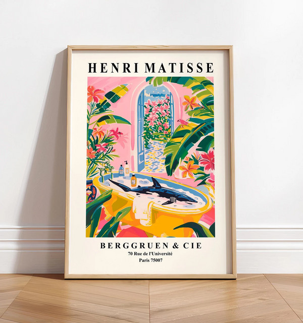 Hai in der Badewanne Kunstdruck von SHENCHEN, moderner Paper Poster in Pink und Multicolour für dein Badezimmer-Dekor - Bild 1